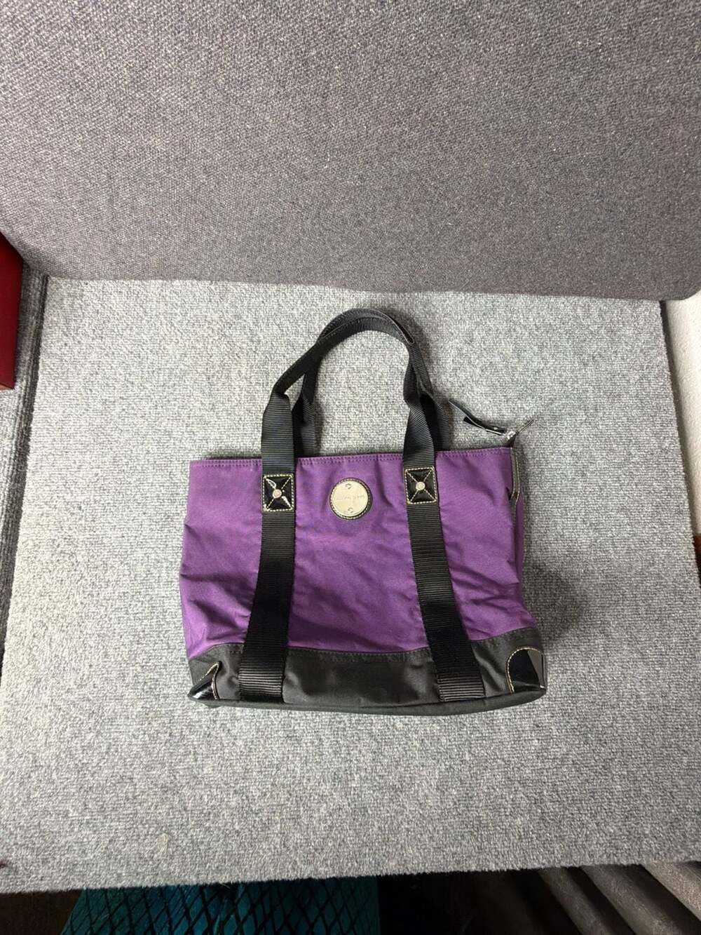 Franco Sarto Purple Nylon Tote Bag with Black Trim and Green Interior